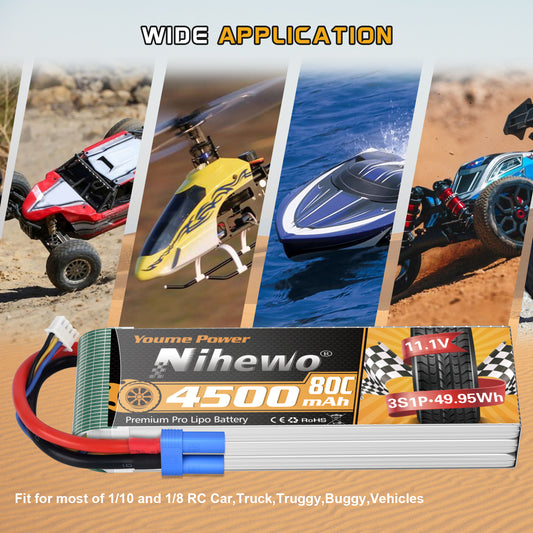 Nihewo 3S Lipo Battery 2Packs 11.1V Lipo Battery 4500mAh 80C Soft Case EC5 Plug Compatible with Arrma Axial Losi E-flite 1/10 and 1/8 Scale RC Car Truck Vehicle Airplane Helicopter Boat Tank Models