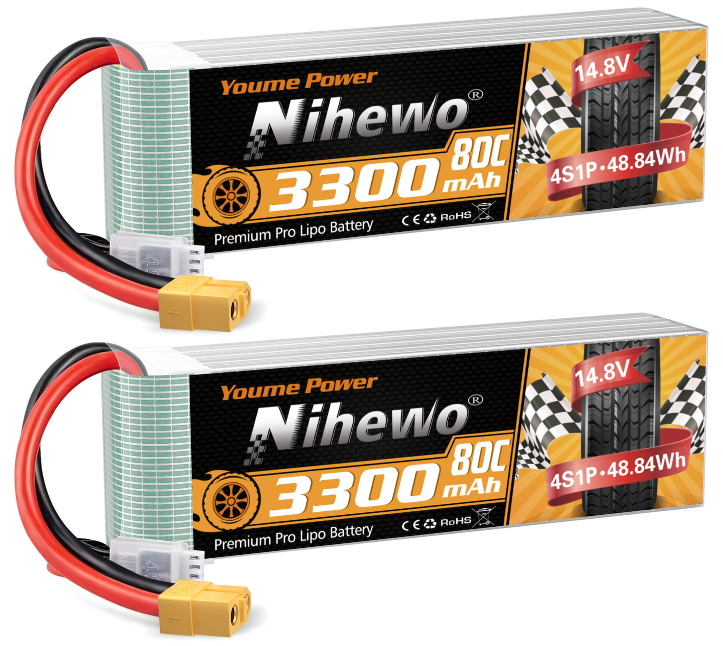 Nihewo 2Packs 4S Lipo Battery Pack, 14.8V Lipo Battery 3300mAh 80C XT60 Connector Compatible with Axial E-flite RC Airplane Plane Quadcopter Drone EDF Jet Car Truck Vehicle Boat Models