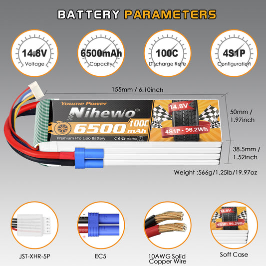 Nihewo 4S Lipo Battery 14.8V RC Battery 6500mAh 100C EC5 Connector Compatible with Arrma Axial Losi 1/5 1/6 1/7 Scale RC Car Truck Boat Airplane Helicopter Quadcopter Models (2Packs)