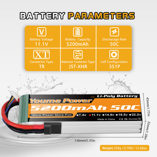 3S Battery Lipo,2 Packs 11.1V Lipo Battery 5200mAh with Trx Plug for RC Car/Truck, Boat,Drone,Buggy,Truggy,RC Helicopter, RC Airplane,UAV, FPV (Short)