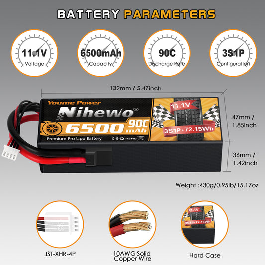 Nihewo 3S Lipo Battery 2Packs 11.1V 6500mAh RC Lipo Battery 90C Hard Case with Trx and EC5 Connector Compatible with Arrma HPI 1/8 1/10 RC Truck Vehicles Car Truggy Buggy Tank Hobby