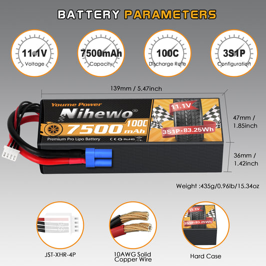 Nihewo 3S Lipo Battery, 2Packs RC Battery 11.1V 7500mAh 100C 3S Lipo Hard Case EC5 Connector Compatible with Arrma Axial Losi 1/8 1/10 RC Car Truck Truggy Vehicles Tank Boat Airplane Models