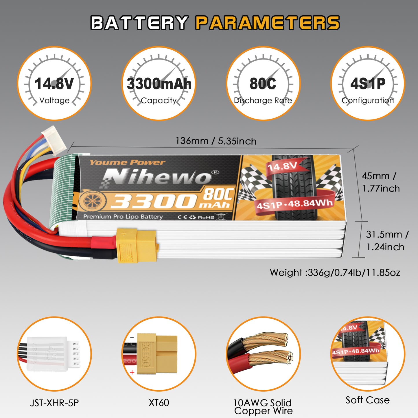 Nihewo 2Packs 4S Lipo Battery Pack, 14.8V Lipo Battery 3300mAh 80C XT60 Connector Compatible with Axial E-flite RC Airplane Plane Quadcopter Drone EDF Jet Car Truck Vehicle Boat Models