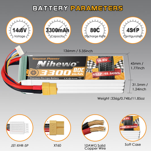 Nihewo 2Packs 4S Lipo Battery Pack, 14.8V Lipo Battery 3300mAh 80C XT60 Connector Compatible with Axial E-flite RC Airplane Plane Quadcopter Drone EDF Jet Car Truck Vehicle Boat Models