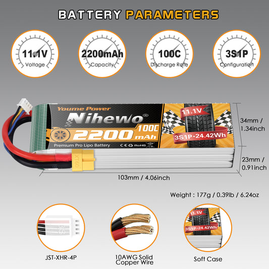 3S Lipo Battery 11.1V 2200mAh RC Lipo Battery Pack 100C with XT60 Plug Compatible with RC Cars, Trucks, Boats, Airplanes, Helicopters, Drone, FPV Racing Hobby Models (2 Pack)