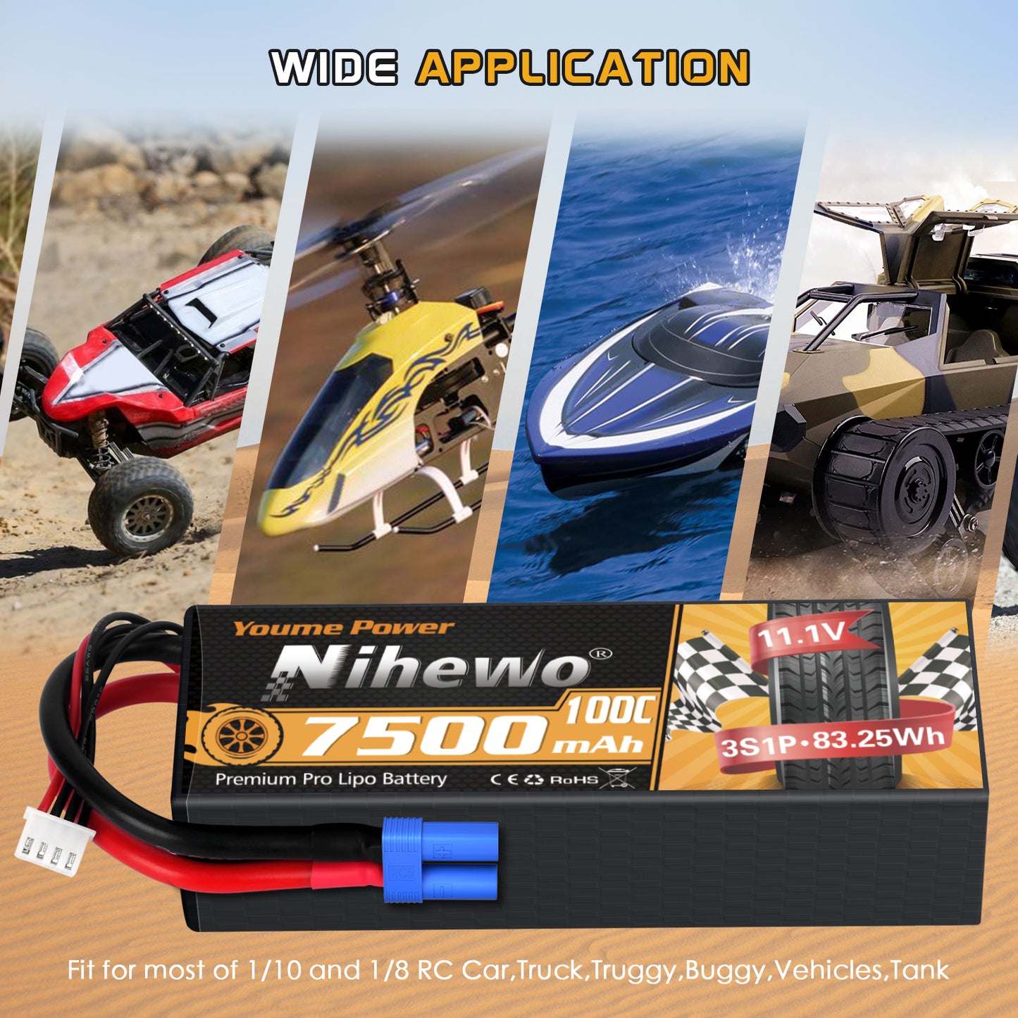 Nihewo 3S Lipo Battery, 2Packs RC Battery 11.1V 7500mAh 100C 3S Lipo Hard Case EC5 Connector Compatible with Arrma Axial Losi 1/8 1/10 RC Car Truck Truggy Vehicles Tank Boat Airplane Models