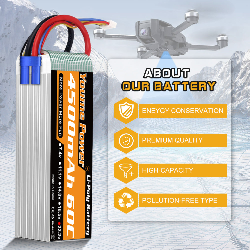 Youme 6S Lipo Battery,22.2V 4500mAh Lipo Battery 60C with EC5 Plug for X Class Drone Racing 70MM 80MM 90MM EDF RC Quadcopter Airplane Helicopter Car Truck Boat Hobby (2 Packs)