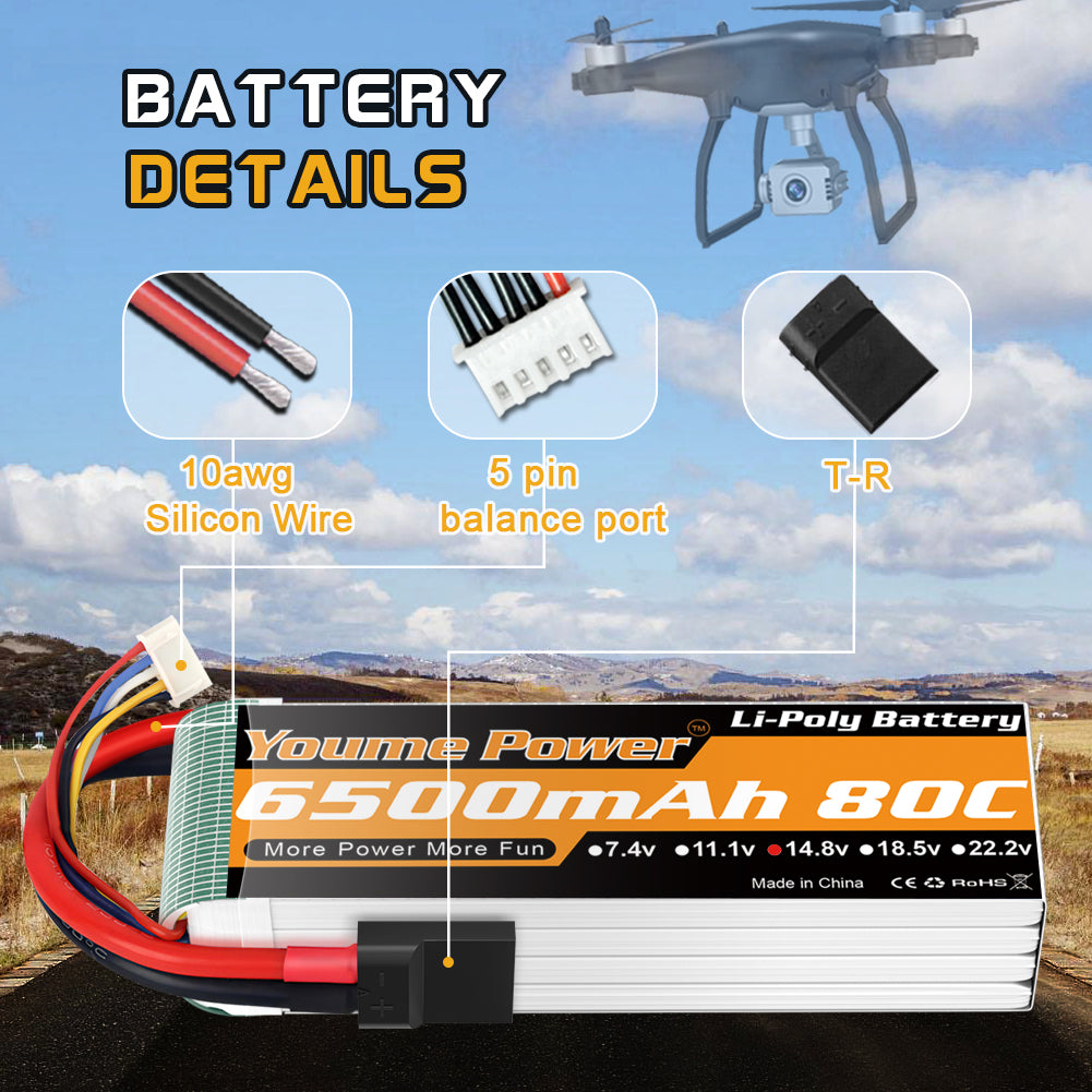 Youme 4S Lipo Battery 14.8V 6500mAh 80C with Trx Plug Fit for Maxx X-Maxx RC Buggy Truggy Crawler Monster Truck Car, Helicopter, Airplane (2Packs)