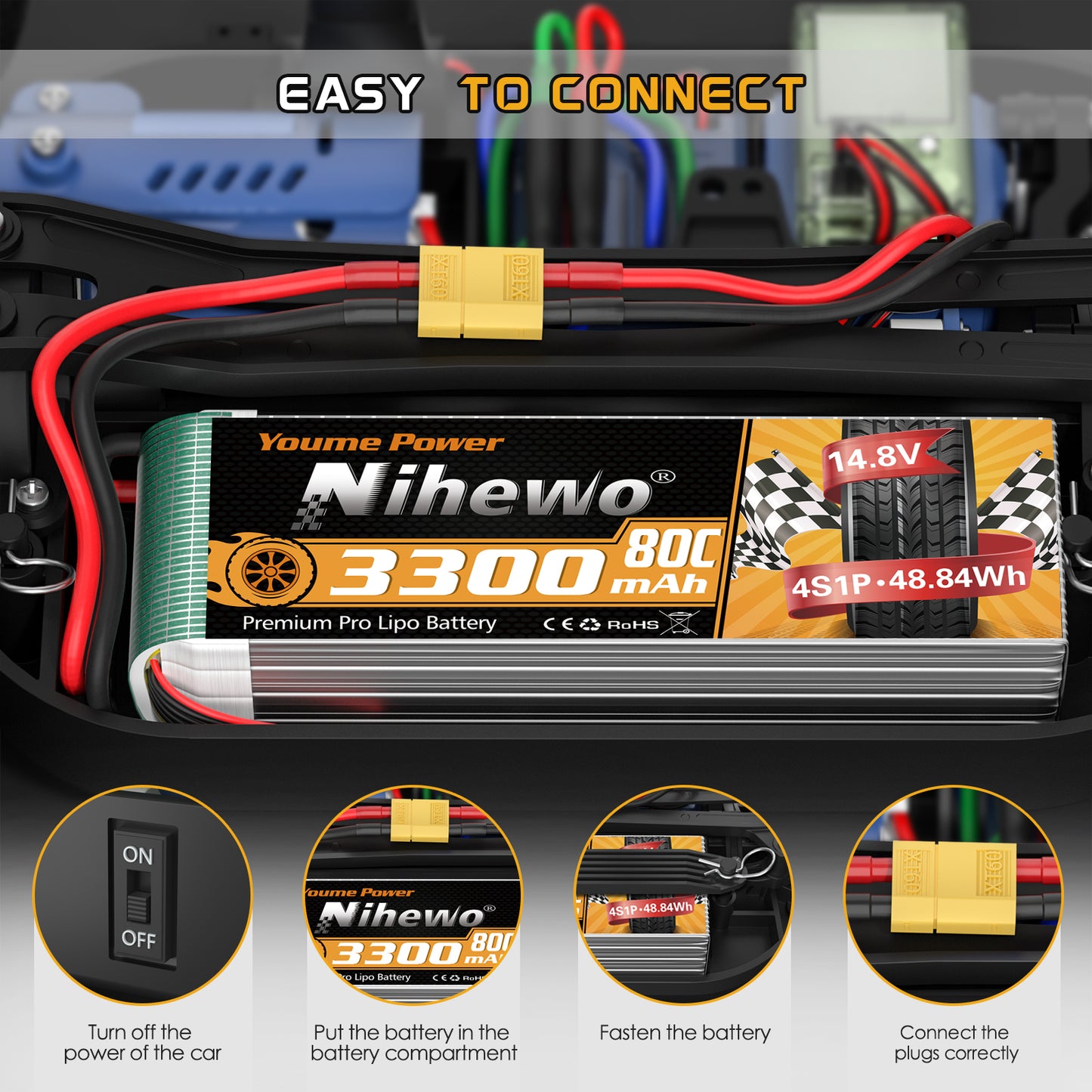Nihewo 2Packs 4S Lipo Battery Pack, 14.8V Lipo Battery 3300mAh 80C XT60 Connector Compatible with Axial E-flite RC Airplane Plane Quadcopter Drone EDF Jet Car Truck Vehicle Boat Models