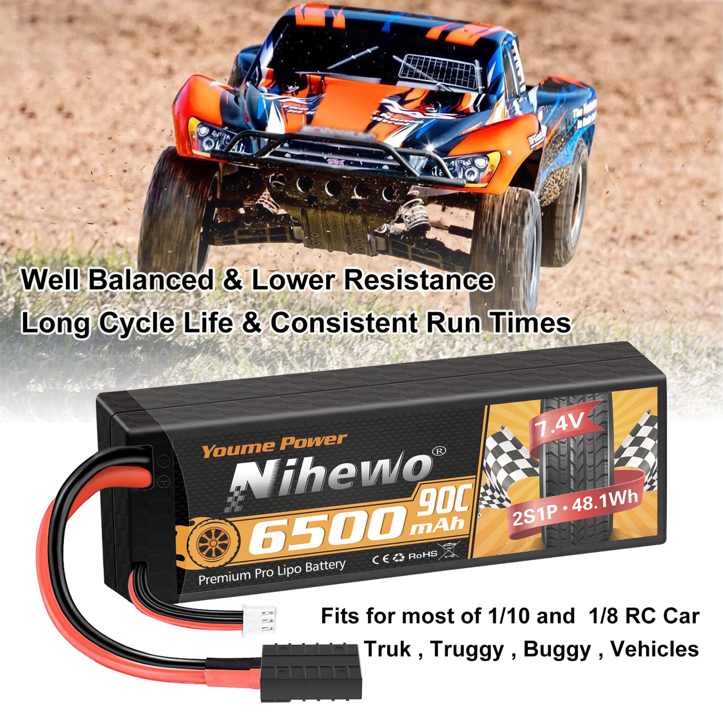 Nihewo 2Packs 2S Lipo Battery 7.4V 6500mAh RC Lipo Battery Pack 90C Hard Case wIth Trx Plug Compatible with Arrma Axial 1/8 and 1/10 RC Truck Vehicles Car Truggy Buggy Racing Models