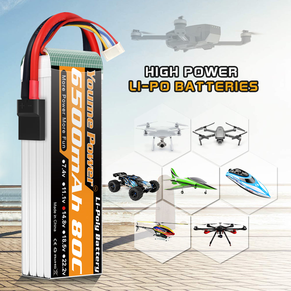 Youme 4S Lipo Battery 14.8V 6500mAh 80C with Trx Plug Fit for Maxx X-Maxx RC Buggy Truggy Crawler Monster Truck Car, Helicopter, Airplane (2Packs)