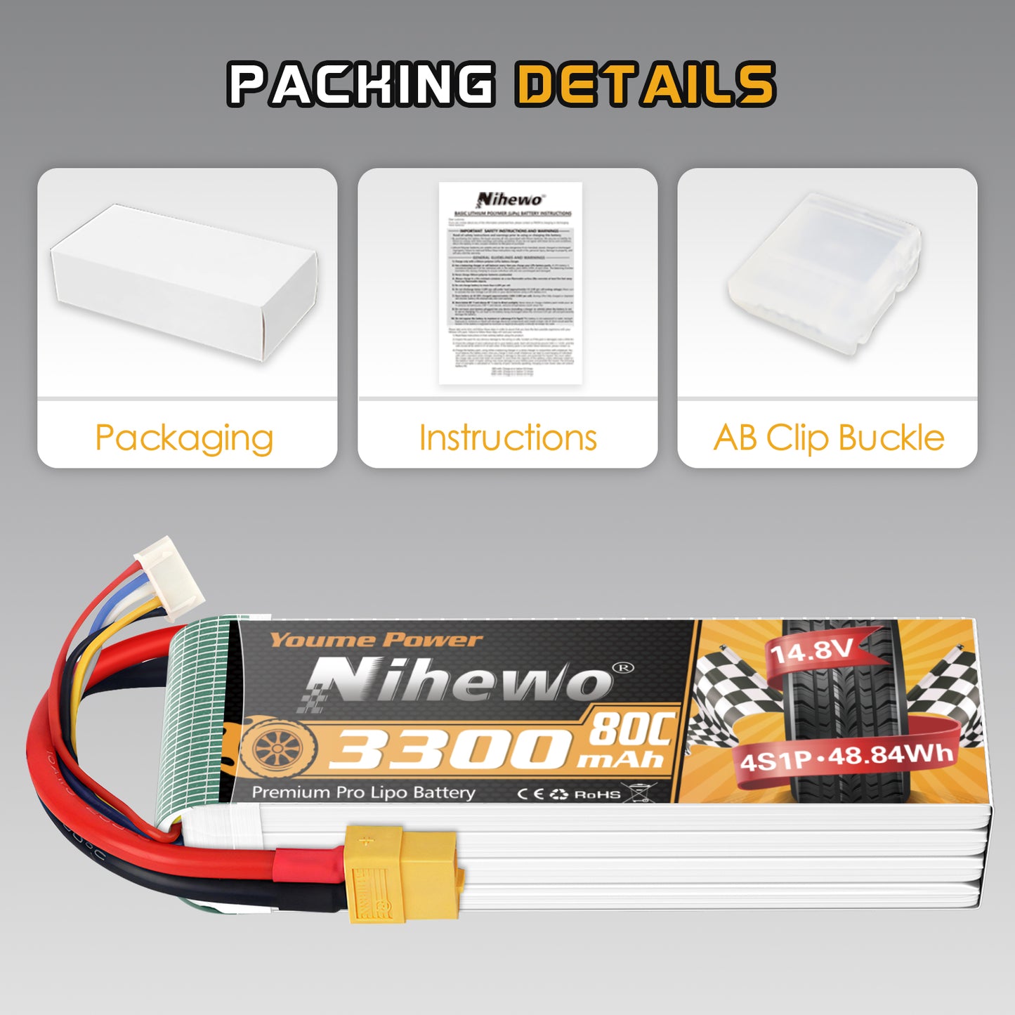 Nihewo 2Packs 4S Lipo Battery Pack, 14.8V Lipo Battery 3300mAh 80C XT60 Connector Compatible with Axial E-flite RC Airplane Plane Quadcopter Drone EDF Jet Car Truck Vehicle Boat Models
