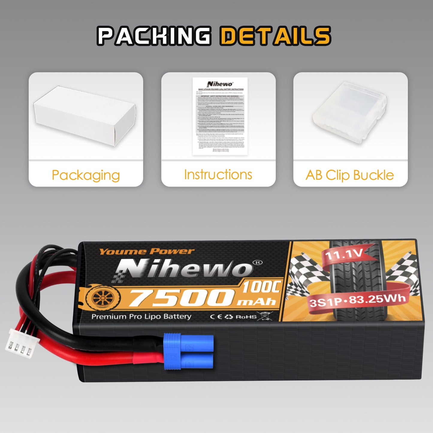Nihewo 3S Lipo Battery, 2Packs RC Battery 11.1V 7500mAh 100C 3S Lipo Hard Case EC5 Connector Compatible with Arrma Axial Losi 1/8 1/10 RC Car Truck Truggy Vehicles Tank Boat Airplane Models