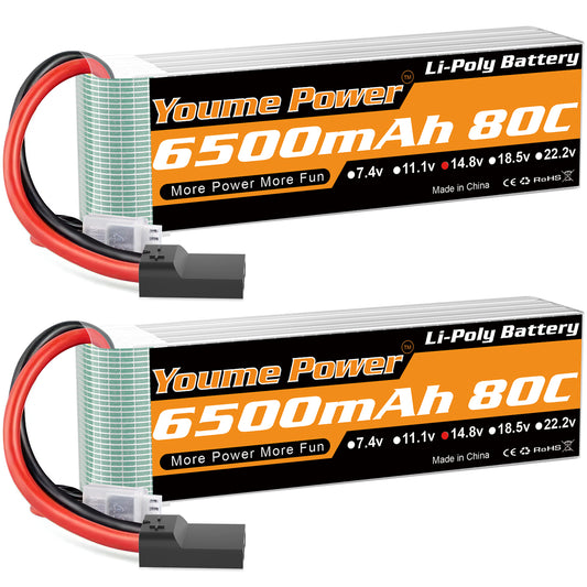 Youme 4S Lipo Battery 14.8V 6500mAh 80C with Trx Plug Fit for Maxx X-Maxx RC Buggy Truggy Crawler Monster Truck Car, Helicopter, Airplane (2Packs)