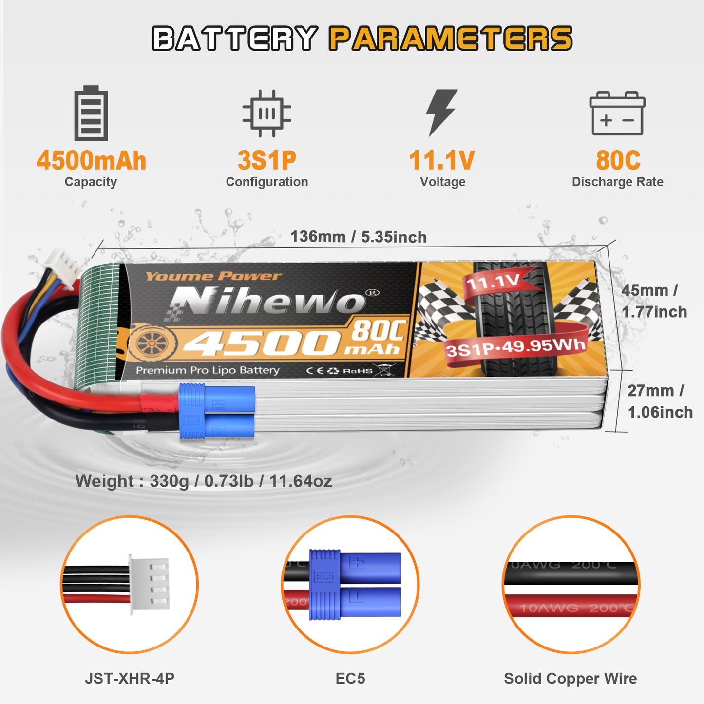 Nihewo 3S Lipo Battery 2Packs 11.1V Lipo Battery 4500mAh 80C Soft Case EC5 Plug Compatible with Arrma Axial Losi E-flite 1/10 and 1/8 Scale RC Car Truck Vehicle Airplane Helicopter Boat Tank Models