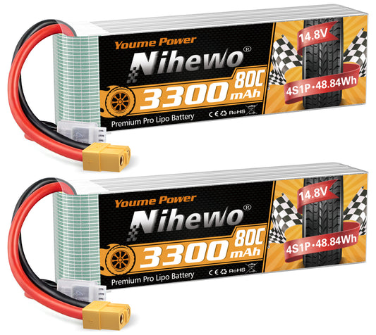 Nihewo 2Packs 4S Lipo Battery Pack, 14.8V Lipo Battery 3300mAh 80C XT60 Connector Compatible with Axial E-flite RC Airplane Plane Quadcopter Drone EDF Jet Car Truck Vehicle Boat Models