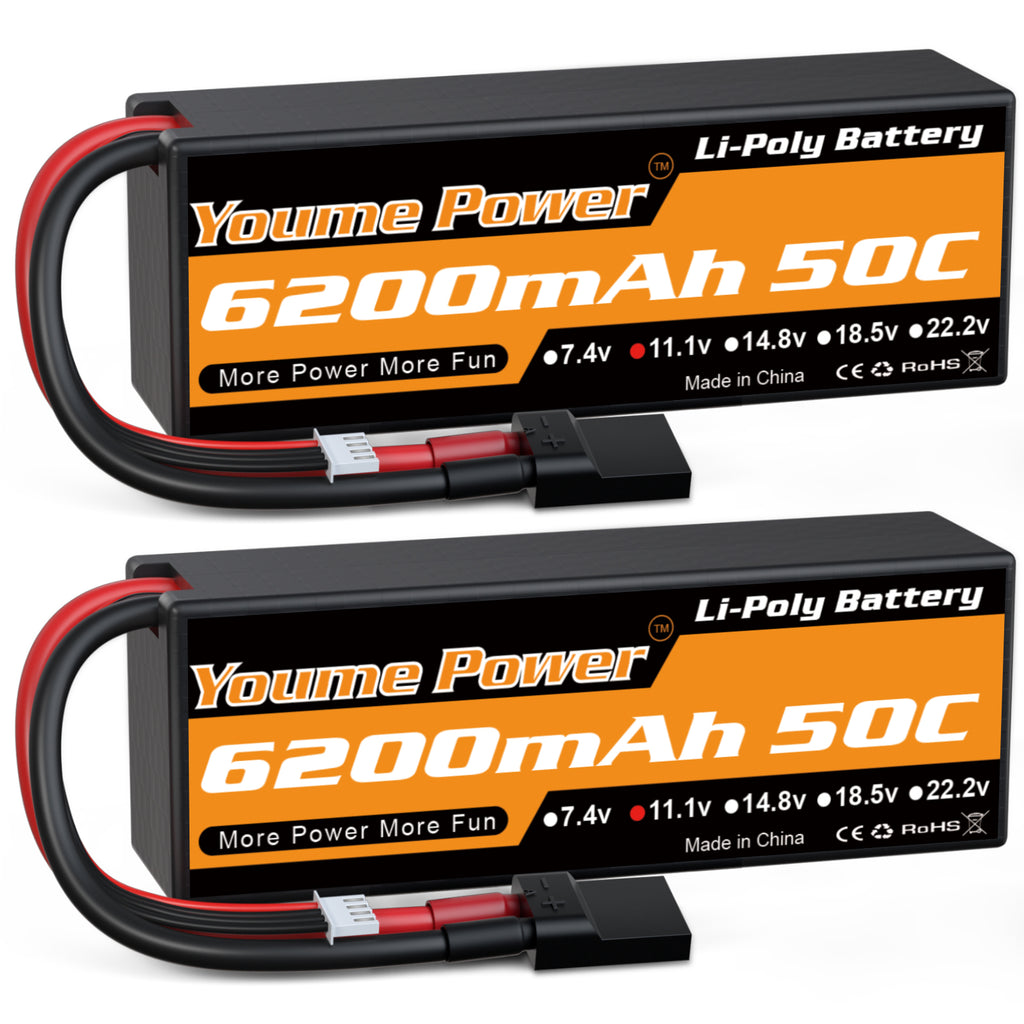 Youme 3S Lipo Battery 6200mAh 50C 11.1V Hard Case RC Battery  for RC Car Truck Buggy Boat Airplane UAV Drone FPV(2 Packs)