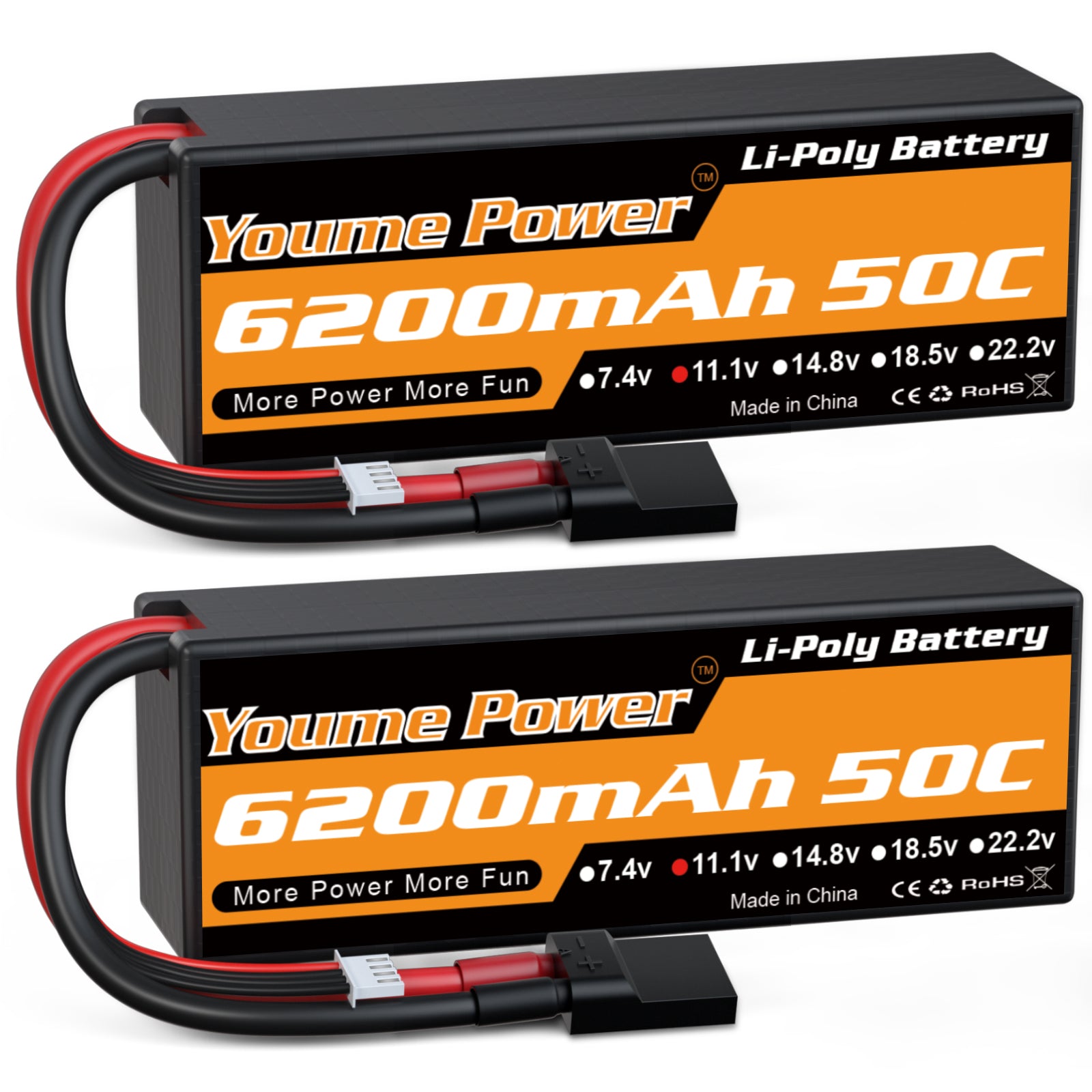 Youme 3S Lipo Battery 6200mAh 50C 11.1V Hard Case RC Battery  for RC Car Truck Buggy Boat Airplane UAV Drone FPV(2 Packs)