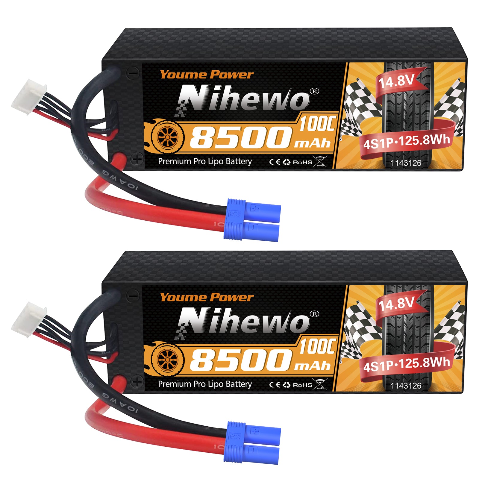 Nihewo 8500mAh 4S Lipo Battery 14.8V 100C Hard Case RC Battery for 1/5 1/6 1/7 Scale RC Vehicle Car Truck Buggy Drone Boat RC Models (2Packs)