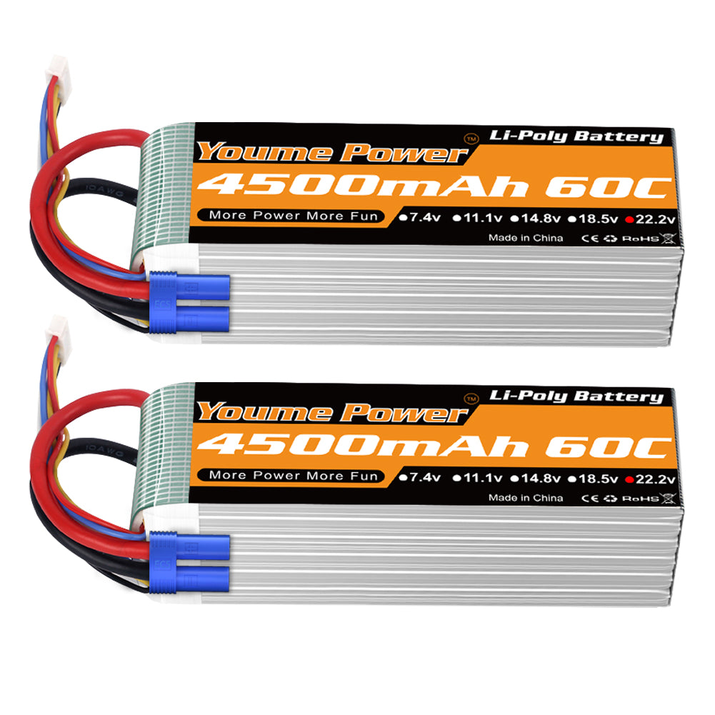 Youme 6S Lipo Battery,22.2V 4500mAh Lipo Battery 60C Soft Case for X Class Drone Racing 70MM 80MM 90MM EDF RC Quadcopter Airplane Helicopter Car Truck Boat Hobby (2 Packs)
