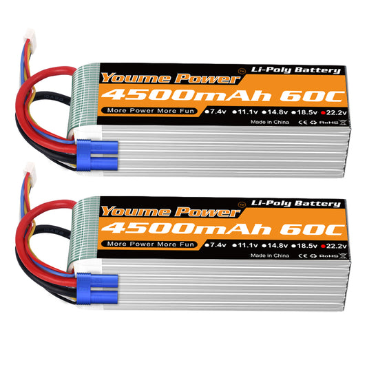 Youme 6S Lipo Battery,22.2V 4500mAh Lipo Battery 60C with EC5 Plug for X Class Drone Racing 70MM 80MM 90MM EDF RC Quadcopter Airplane Helicopter Car Truck Boat Hobby (2 Packs)