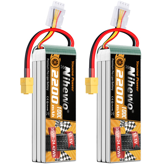 3S Lipo Battery 11.1V 2200mAh RC Lipo Battery Pack 100C with XT60 Plug Compatible with RC Cars, Trucks, Boats, Airplanes, Helicopters, Drone, FPV Racing Hobby Models (2 Pack)