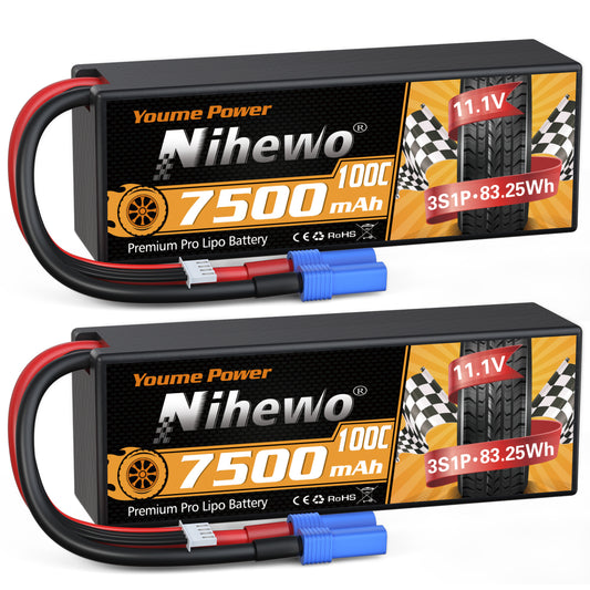 Nihewo 3S Lipo Battery, 2Packs RC Battery 11.1V 7500mAh 100C 3S Lipo Hard Case EC5 Connector Compatible with Arrma Axial Losi 1/8 1/10 RC Car Truck Truggy Vehicles Tank Boat Airplane Models
