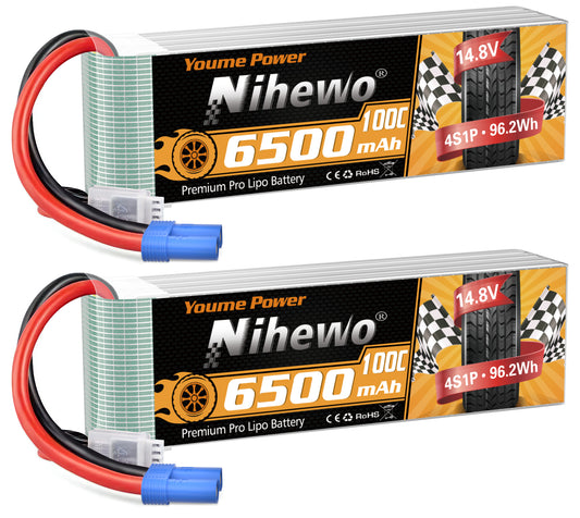 Nihewo 4S Lipo Battery 14.8V RC Battery 6500mAh 100C EC5 Connector Compatible with Arrma Axial Losi 1/5 1/6 1/7 Scale RC Car Truck Boat Airplane Helicopter Quadcopter Models (2Packs)