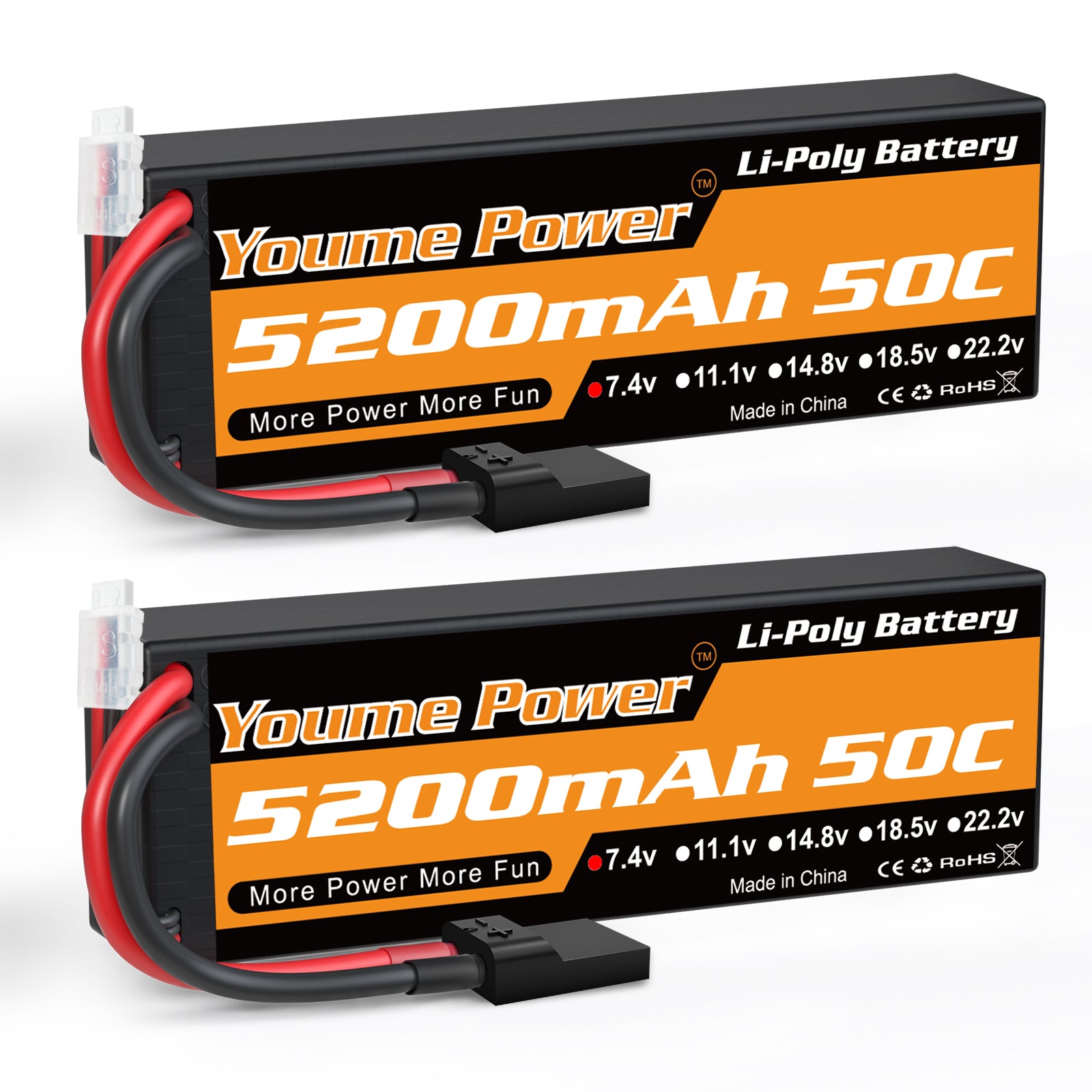 Youme 2s Lipo Battery 7.4V RC Lipo Batteries 5200mAh Hard Case Connector for Most 1/8 1/10 RC Car/Vehicle/Truck/Buggy Boat Drone Models(2 Packs)