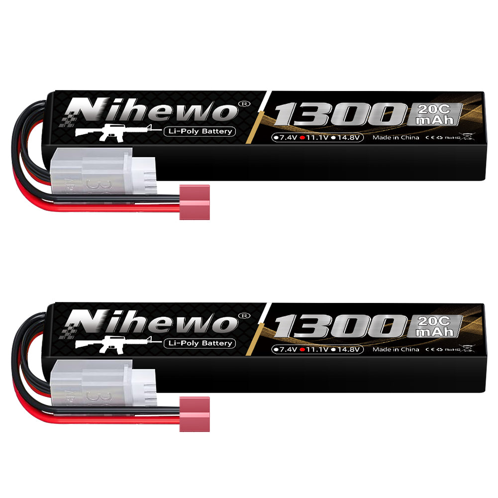 Airsoft Battery Rechargeable 11.1V 1300mAh 3S Lipo Battery 20C Soft Case with Dean-Style T Plug for AEG Airsoft Gun/Rifle RC Models (2packs)