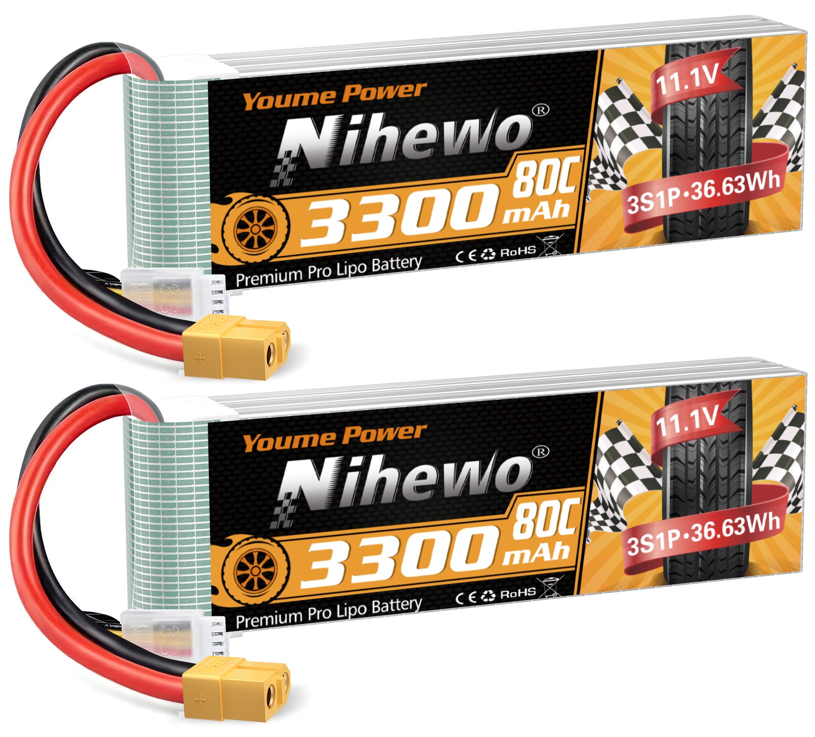 2Packs 11.1V Lipo Battery, 3S Lipo Battery 3300mAh XT60 Connector Soft Case Compatible with Axial E-flite RC Airplane Helicopter Quadcopter Car Truck Vehicle Boat Models