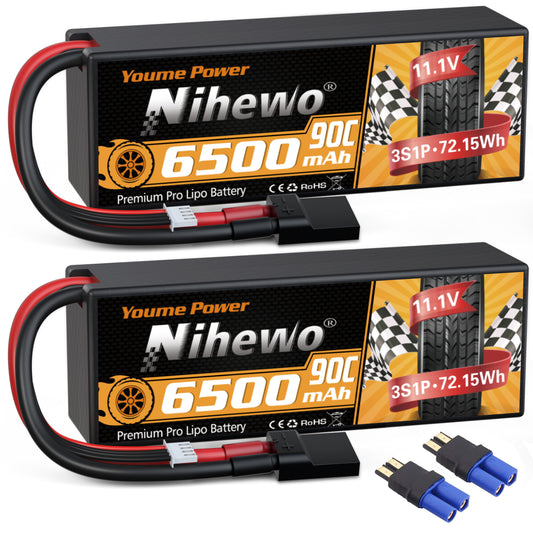 Nihewo 3S Lipo Battery 2Packs 11.1V 6500mAh RC Lipo Battery 90C Hard Case with Trx and EC5 Connector Compatible with Arrma HPI 1/8 1/10 RC Truck Vehicles Car Truggy Buggy Tank Hobby