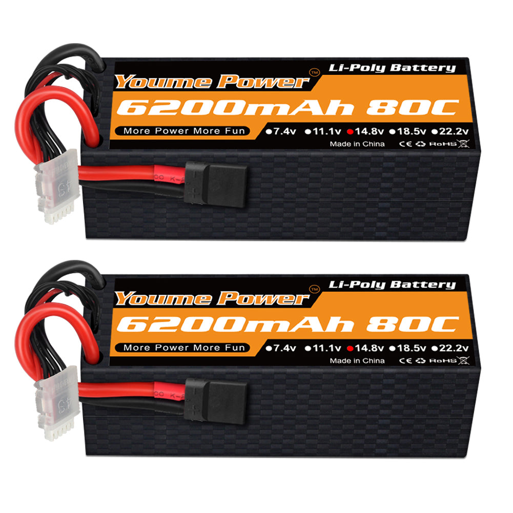 Youme 4S Lipo Battery 14.8V 6200mAh 50C  High Discharge Hardcase RC Battery for 1/7 1/8 RC Crawler Monster Off-Road Car Truck Buggy Truggy Boat(2Packs)