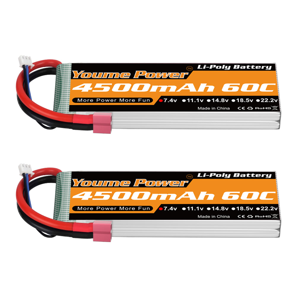 2S LiPo Battery, 7.4V RC Lipo Batteries 4500mAh 60C Soft Case with Dean-Style T Connector for 1/8 and 1/10 RC Vehicles Car Buggy Truggy Airplane Drone FPV(2 Packs)
