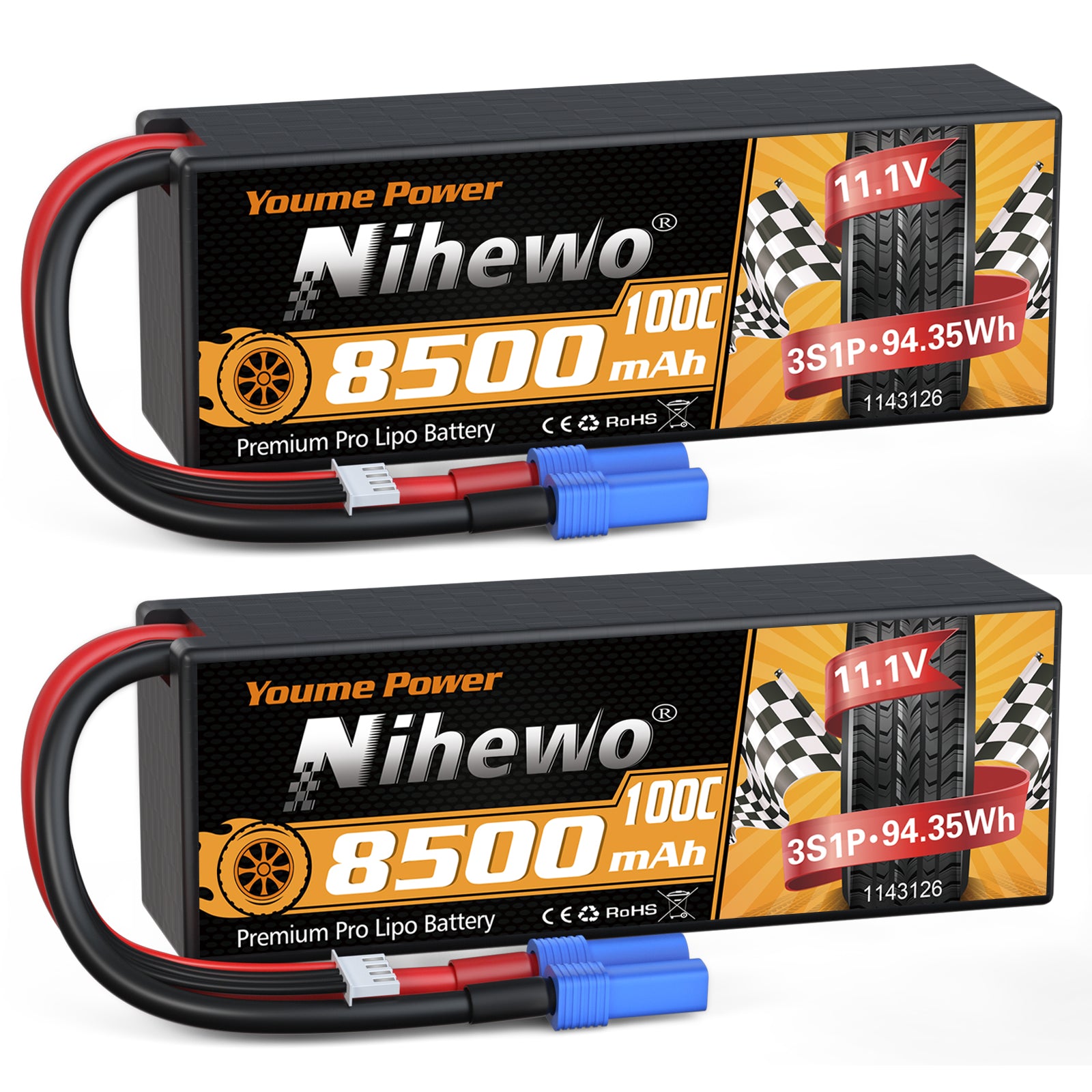 Nihewo 3S Lipo Battery 8500mAh 11.1V Lipo Battery 100C Hard Case Compatible with Arrma Axial 1/8 1/10 Scale RC Vehicle Car Truck Buggy Drone Boat RC Models (2Packs)