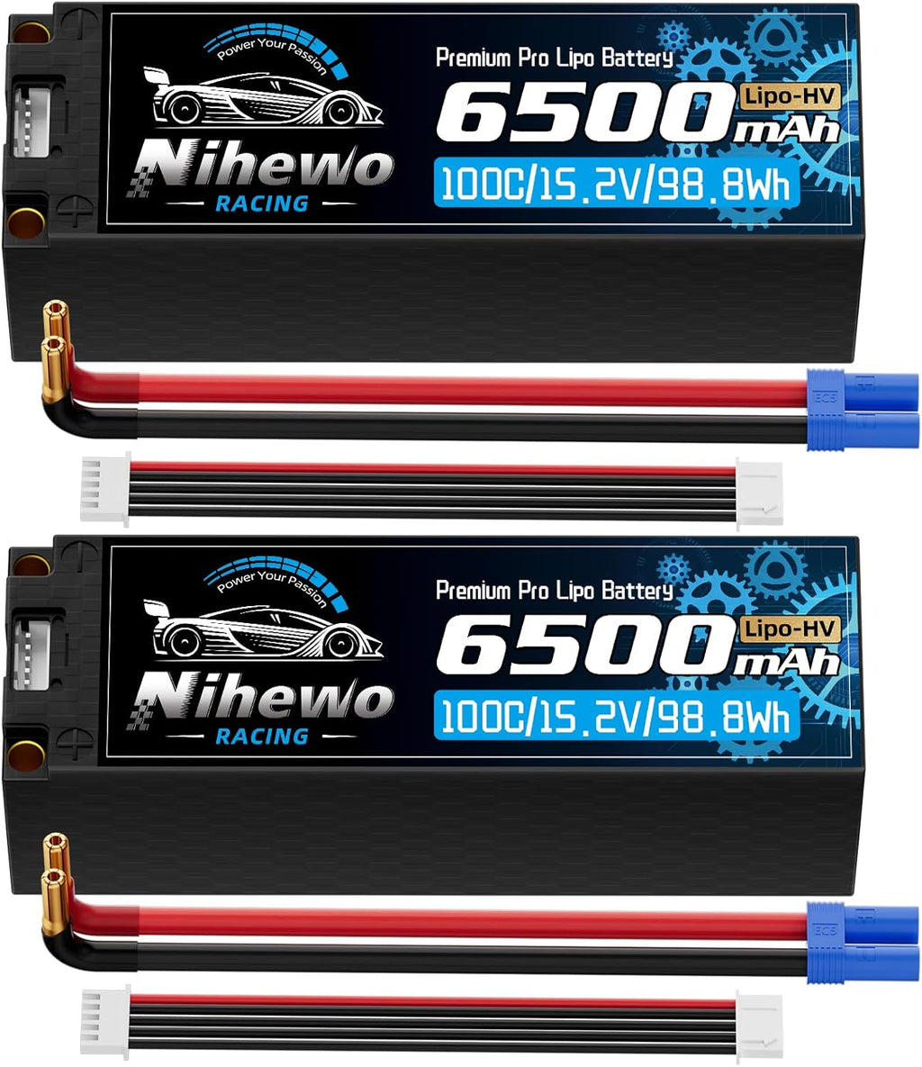 Nihewo 4S Lipo Battery 15.2V High Voltage Lipo Battery 6500mAh 100C Hard Case Compatible with 1/5 1/6 1/7 1/8 RC Car Truck Vehicles Truggy Buggy Boat Airplane(2Packs)