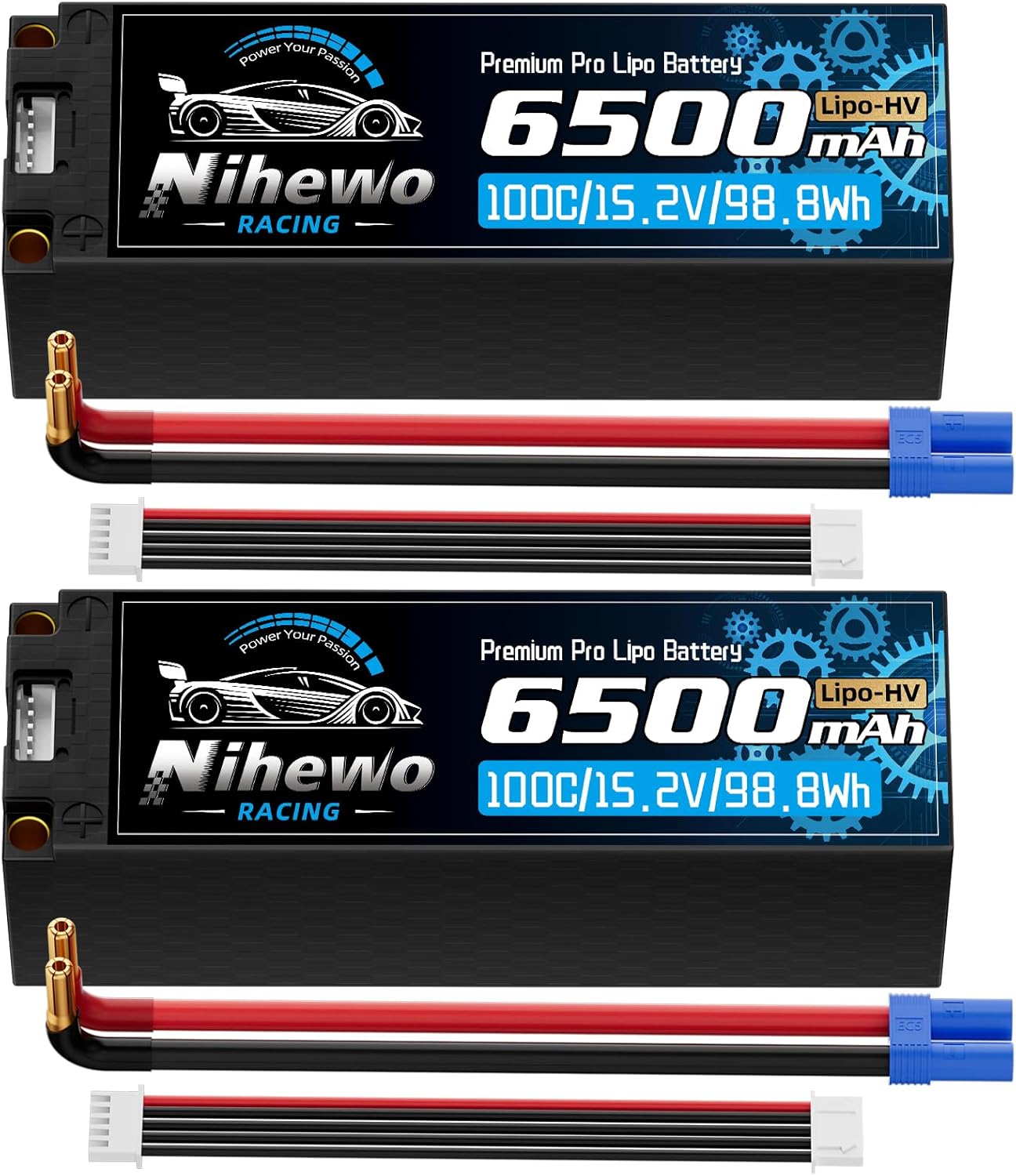 Nihewo 4S Lipo Battery 15.2V High Voltage Lipo Battery 6500mAh 100C Hard Case Compatible with 1/5 1/6 1/7 1/8 RC Car Truck Vehicles Truggy Buggy Boat Airplane(2Packs)