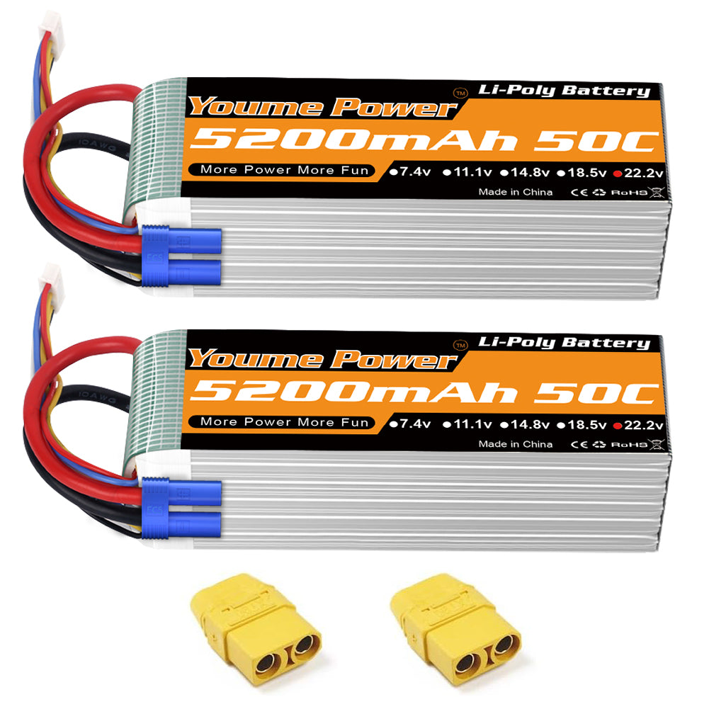 Youme 2 Packs 6S Lipo Battery 5200mAh 50C 22.2V Hard Case RC Battery  for Align T-REX550 600 RC Airplane Helicopter Quadcopter 1/7 1/8 Car Truck Boat