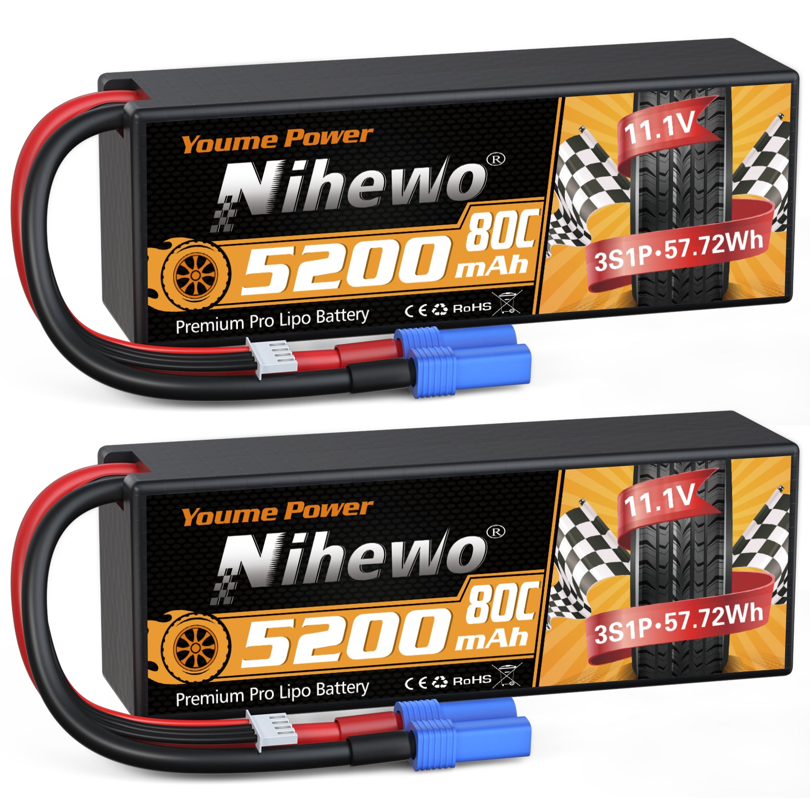 3S Lipo Battery 5200mAh 2 Packs 11.1V RC Battery 80C Hard Case for 1/8 1/10 Scale RC Car Truck Vehicle Tank Boat Helicopter Airplane Hobby Models