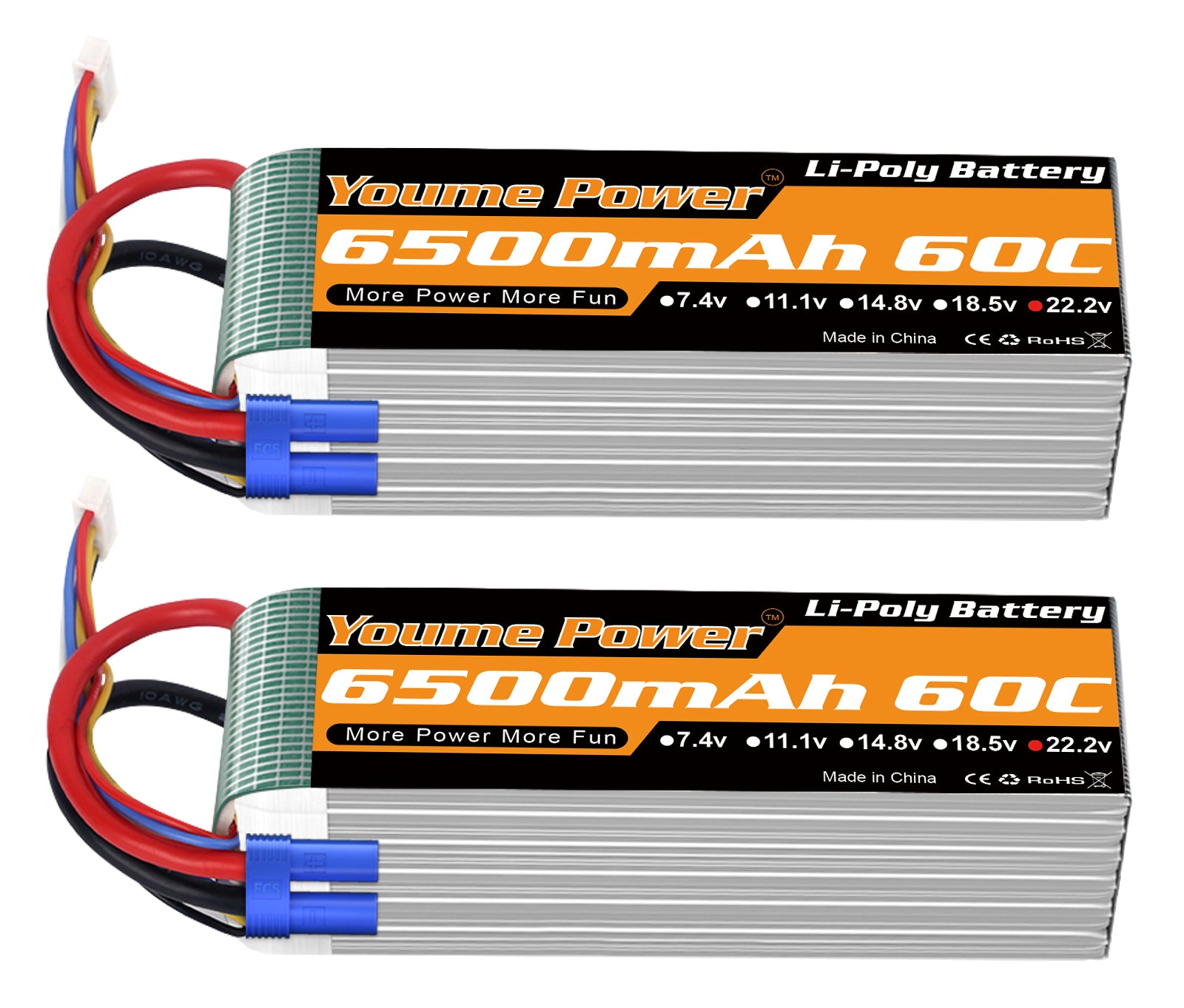Youme 2Packs 6S Lipo Battery 22.2V 6500mAh 60C EC5 Plug, Soft Case High Voltage RC LiPo Battery for Arrma 1/7 1/8 RC Car Truck Vehicle Airplane Quadcopter Helicopter Model
