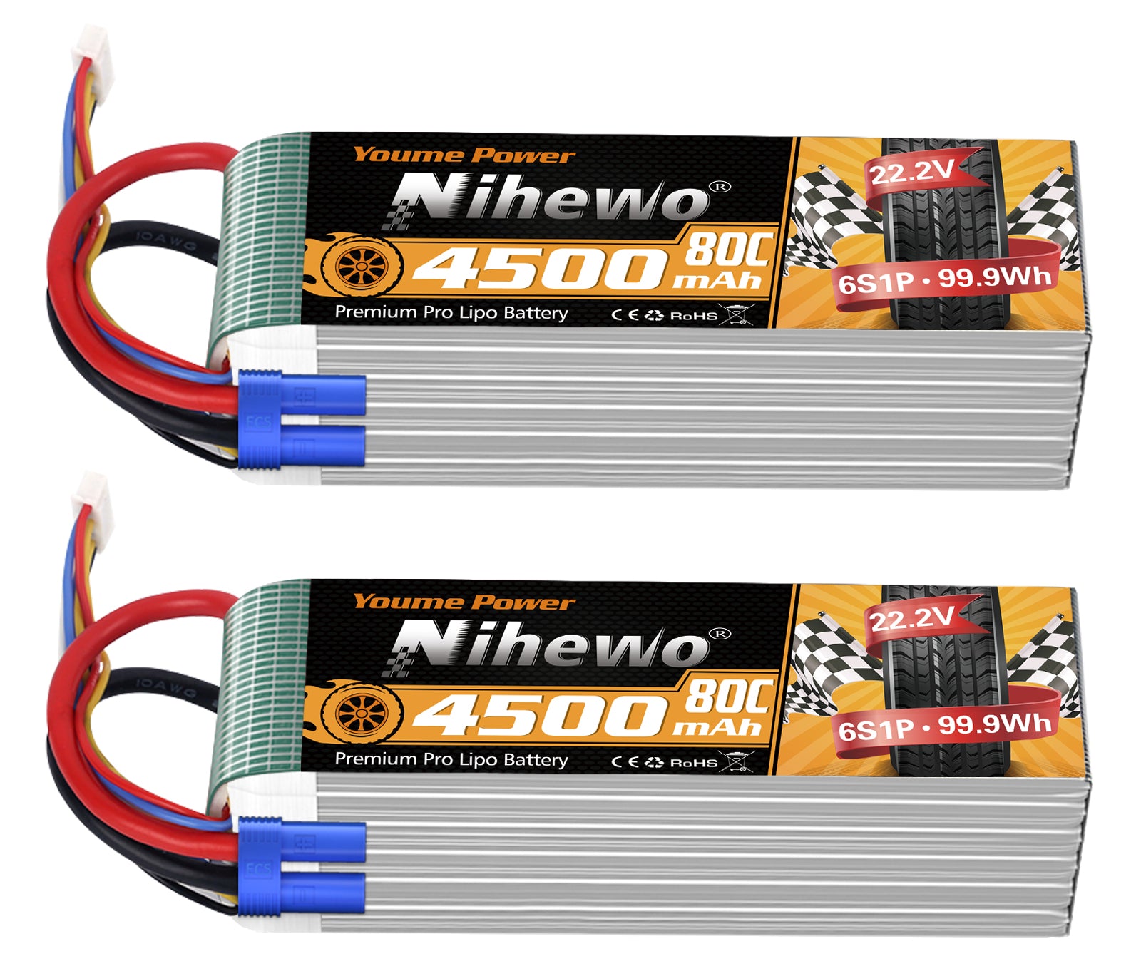 Youme 6S Lipo Battery,22.2V 4500mAh Lipo Battery Soft Case for X Class Drone Racing 70MM 80MM 90MM EDF RC Quadcopter Airplane Helicopter Car Truck Boat Hobby (2 Packs)