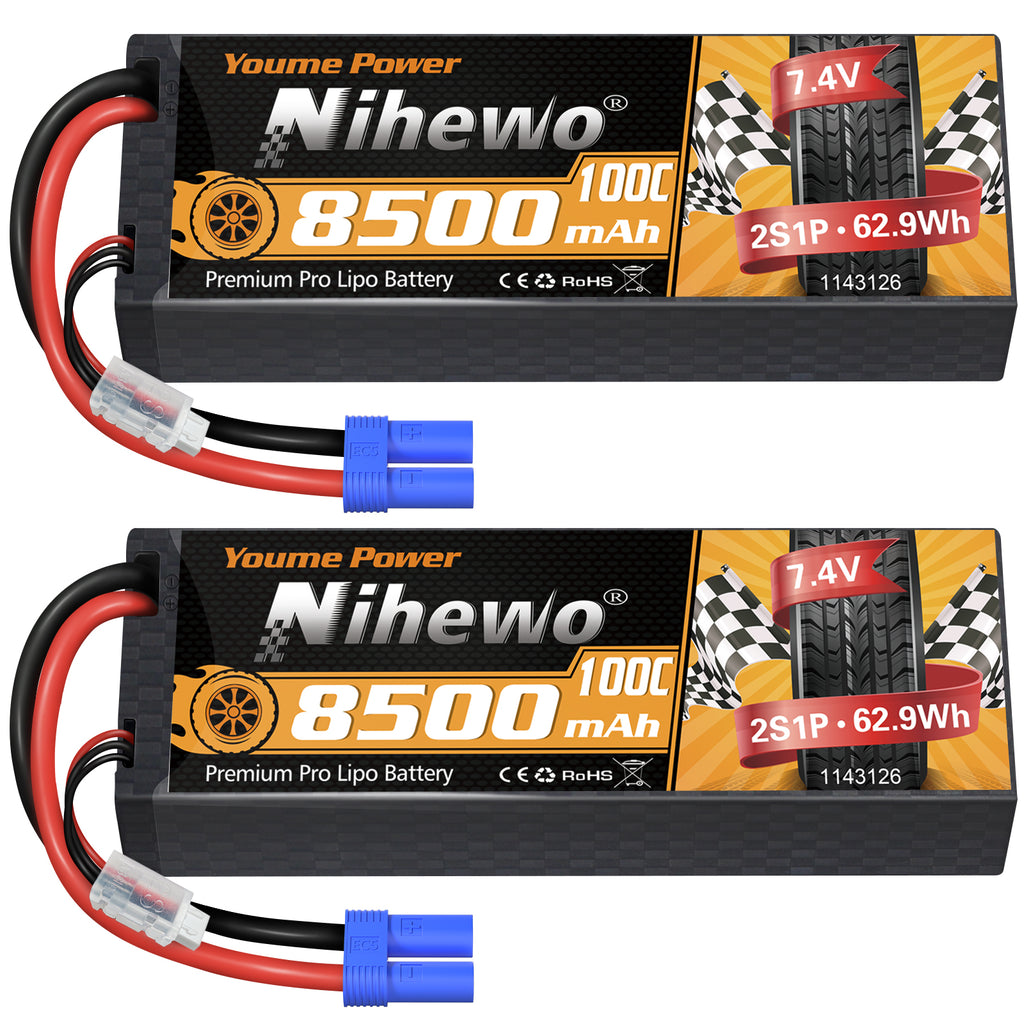 Nihewo 2S Lipo Battery 8500mAh 7.4V RC Battery 100C Hard Case Compatible with Arrma Axial 1/8 1/10 Scale RC Vehicle Car Truck Buggy Drone Boat Models (2Packs)