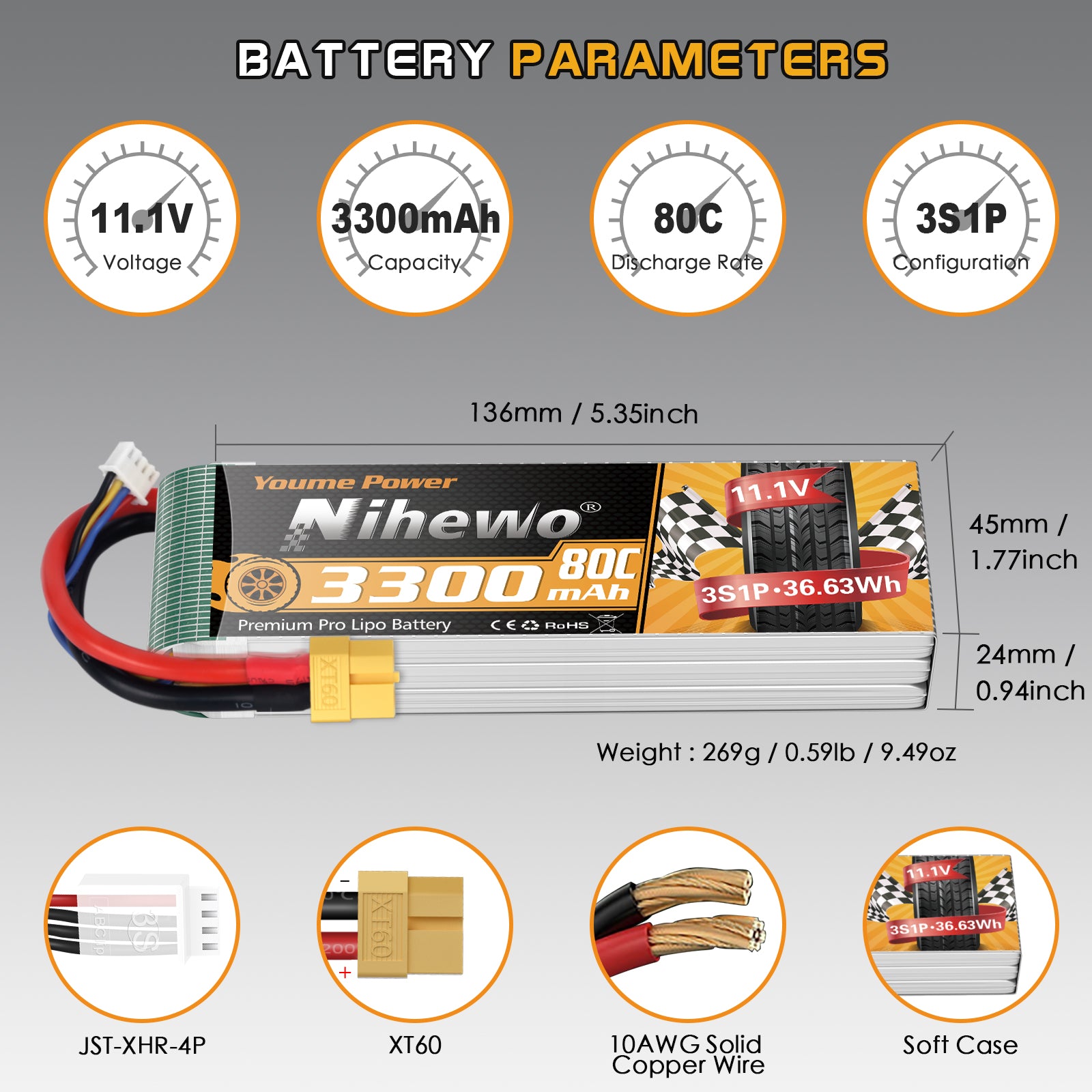 2Packs 11.1V Lipo Battery, 3S Lipo Battery 3300mAh XT60 Connector Soft Case Compatible with Axial E-flite RC Airplane Helicopter Quadcopter Car Truck Vehicle Boat Models
