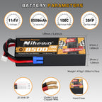 Nihewo 3S Lipo Battery 8500mAh 11.1V Lipo Battery 100C Hard Case Compatible with Arrma Axial 1/8 1/10 Scale RC Vehicle Car Truck Buggy Drone Boat RC Models (2Packs)