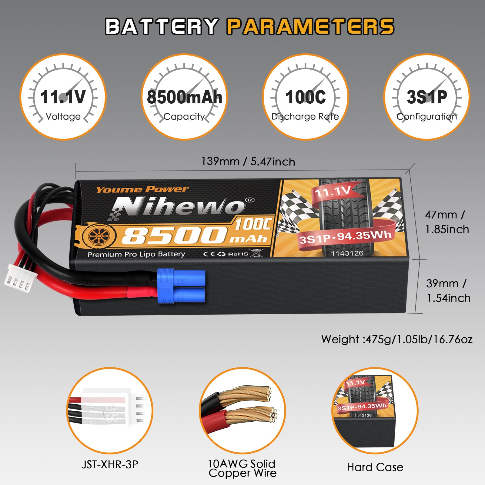 Nihewo 3S Lipo Battery 8500mAh 11.1V Lipo Battery 100C Hard Case Compatible with Arrma Axial 1/8 1/10 Scale RC Vehicle Car Truck Buggy Drone Boat RC Models (2Packs)