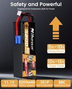 3S Lipo Battery 5200mAh 2 Packs 11.1V RC Battery 80C Hard Case for 1/8 1/10 Scale RC Car Truck Vehicle Tank Boat Helicopter Airplane Hobby Models