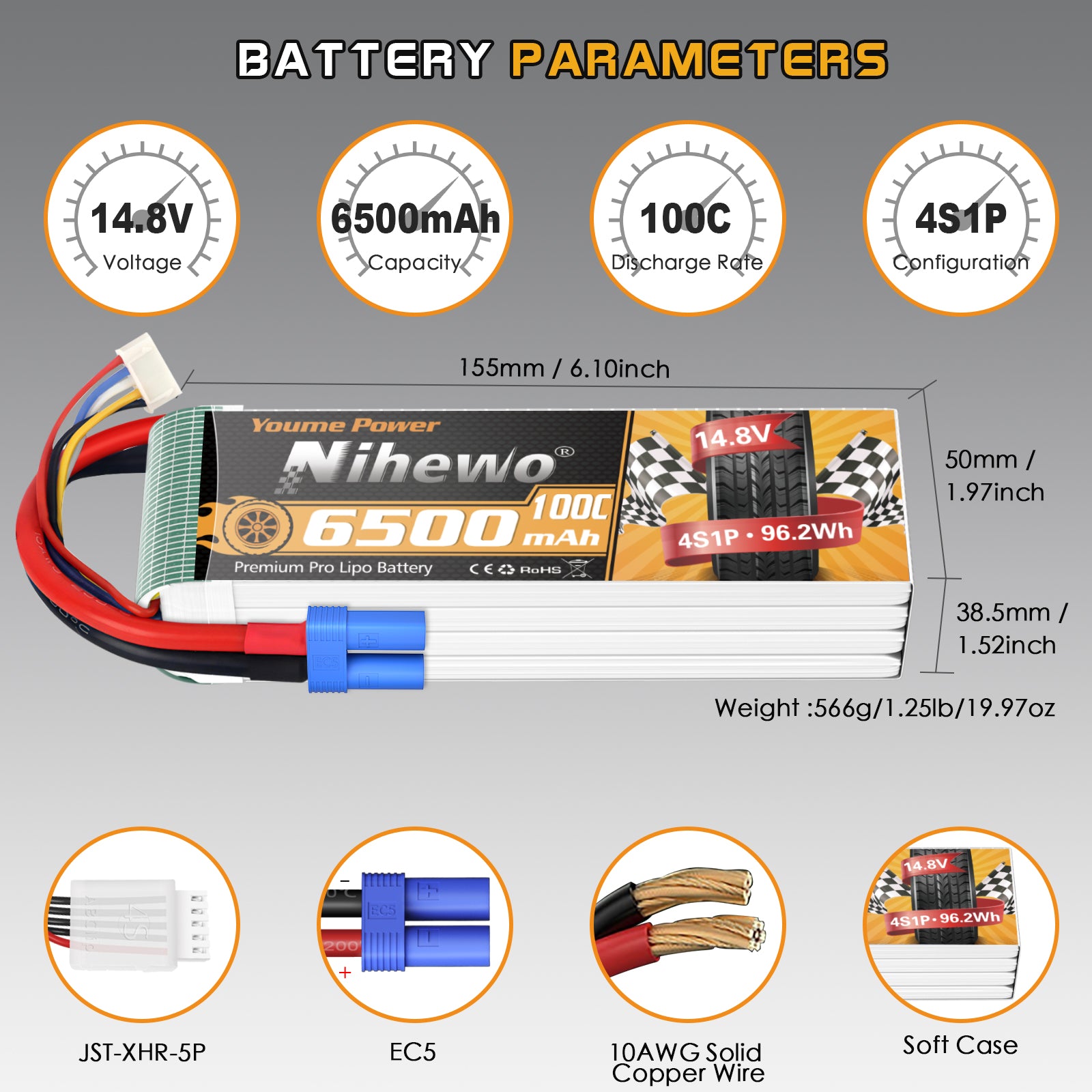 Nihewo 4S Lipo Battery 14.8V RC Battery 6500mAh 100C Soft Case Compatible with Arrma Axial Losi 1/5 1/6 1/7 Scale RC Car Truck Boat Airplane Helicopter Quadcopter Models (2Packs)