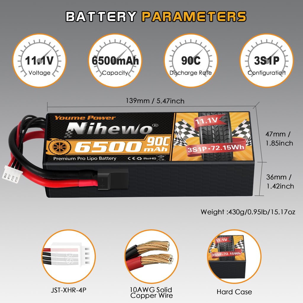 Nihewo 3S Lipo Battery 2Packs 11.1V 6500mAh RC Lipo Battery 90C Hard Case  Compatible with Arrma HPI 1/8 1/10 RC Truck Vehicles Car Truggy Buggy Tank Hobby