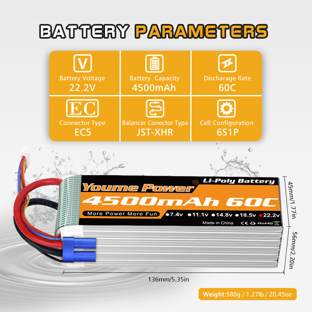 Youme 6S Lipo Battery,22.2V 4500mAh Lipo Battery 60C with EC5 Plug for X Class Drone Racing 70MM 80MM 90MM EDF RC Quadcopter Airplane Helicopter Car Truck Boat Hobby (2 Packs)
