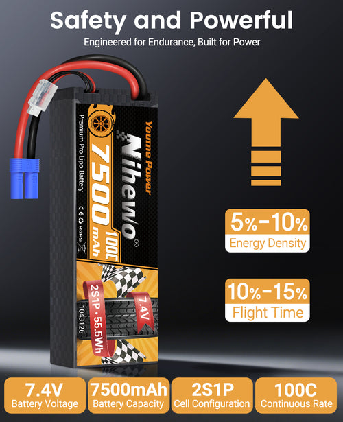 2S Lipo Battery Pack 7.4V RC Battery 7500mAh 100C Hard Case  for 1/8 1/10 RC Car Truck Vehicle Boat Tank Airplane Model(2 Packs)